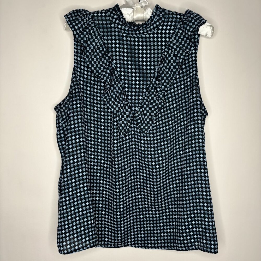 Who What Wear Sleeveless High Neck Printed Ruffle Keyhole Navy Blouse Top XL